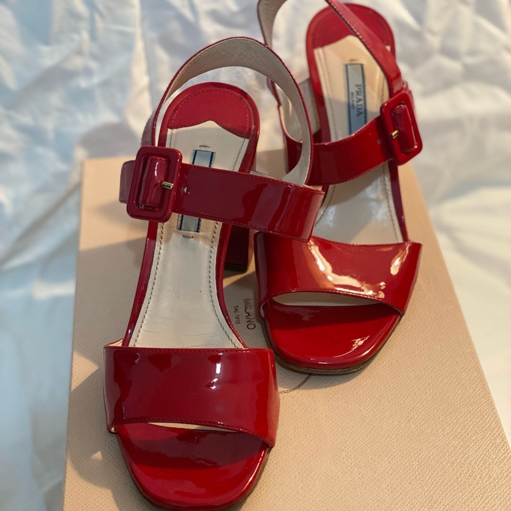 Prada red patent leather strappy sling back sandal block heel 37.5 (us 6.5)